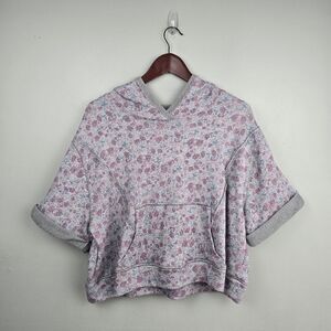 We The Free Distressed Floral Print Short Sleeve Hoodie Gray Pink Womens Size XS